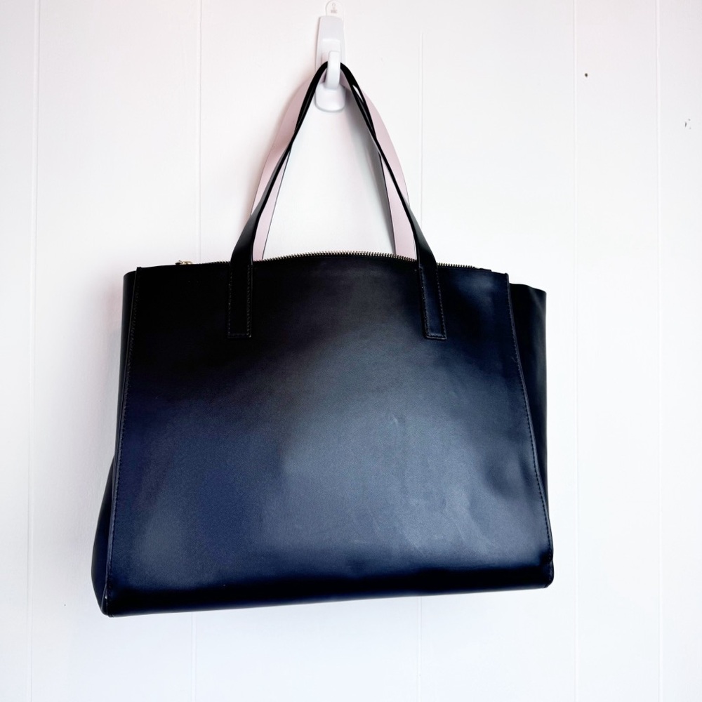 Kate Spade Black Pale Pink Leather Large Work Tote Bag 12x14 - Picture 2 of 16